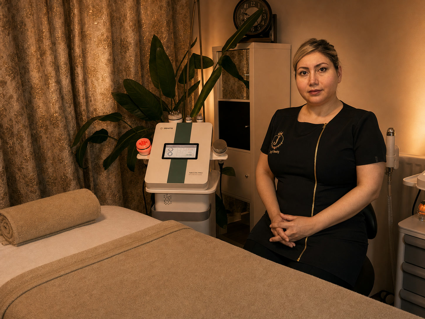 Joy's Beauty aesthetician seated beside the treatment bed