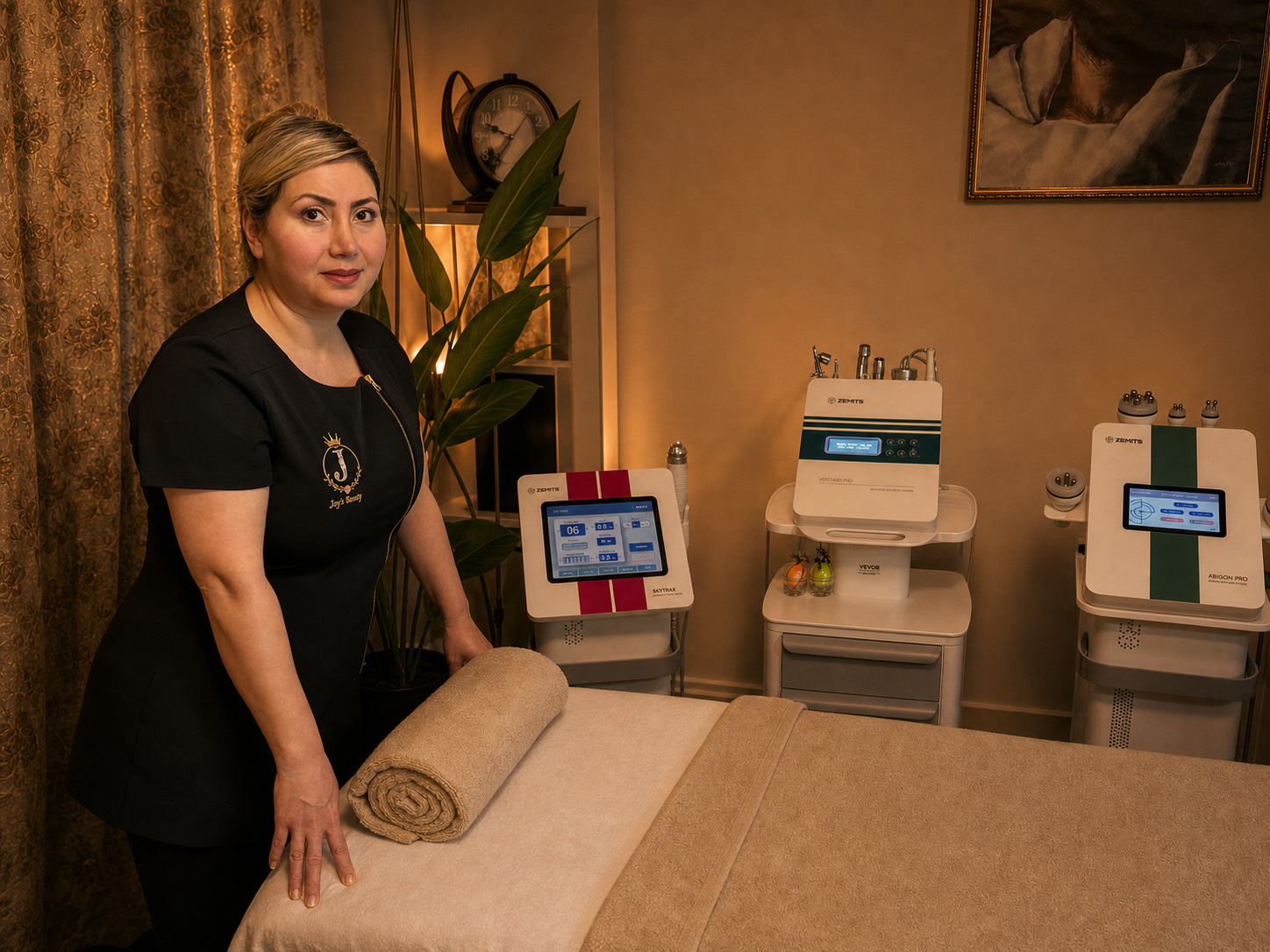 Joy's Beauty aesthetician in the treatment room with aesthetic devices