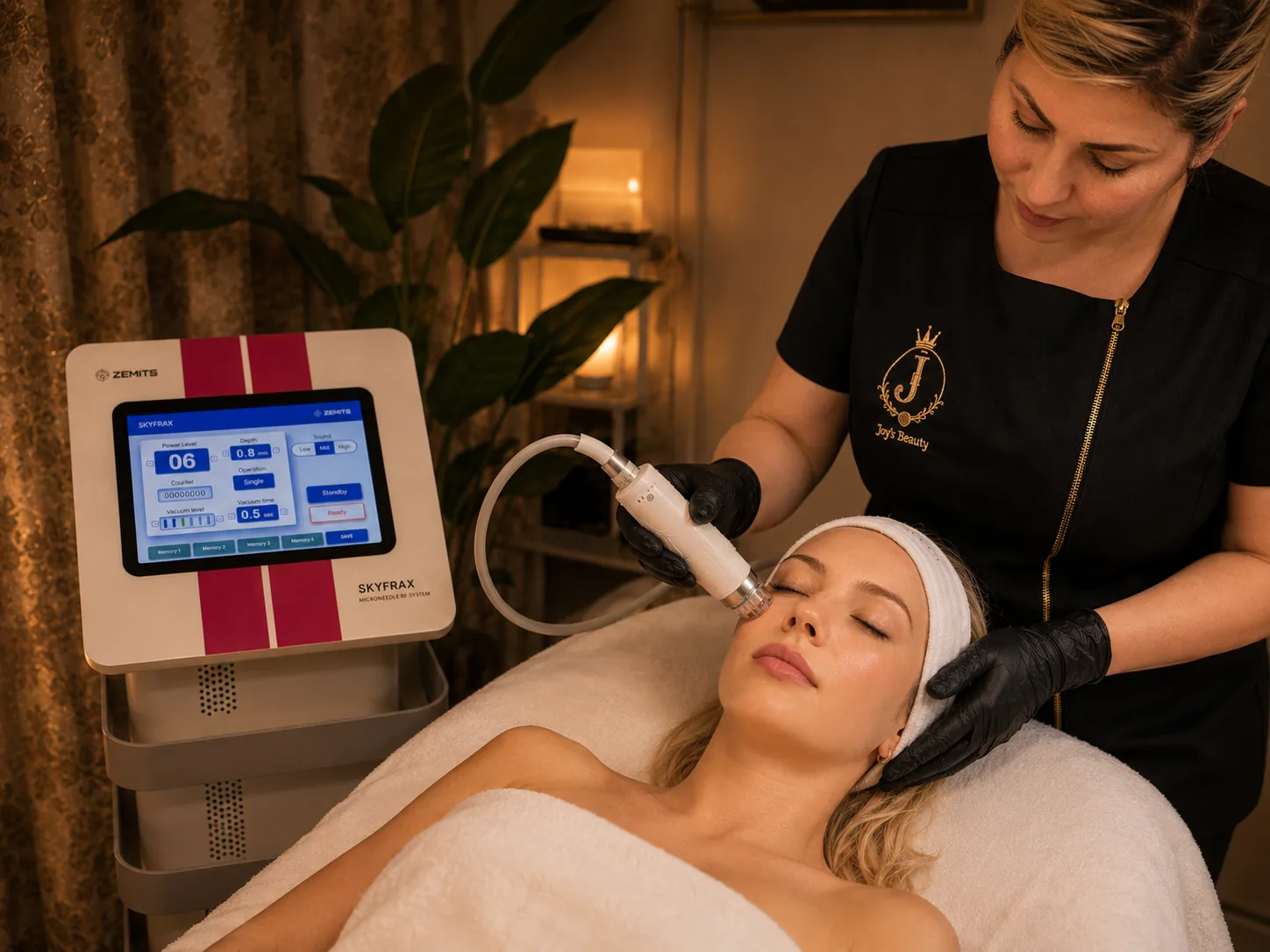 RF microneedling treatment being performed at Joy's Beauty
